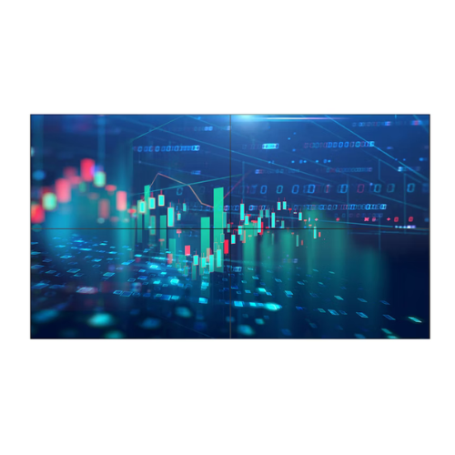 Digital display of financial charts and graphs with blue and red tones.