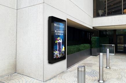 4K Elite Outdoor Advertising Display on a building exterior advertising a blueberry and vanilla drink.