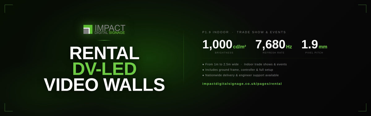 Promotional graphic for Impact Design's rental DV-LED video walls, featuring white and green text on a dark green background with technical specifications including 1,000 cdm2, 7,680 nz, and 1.9 mm.