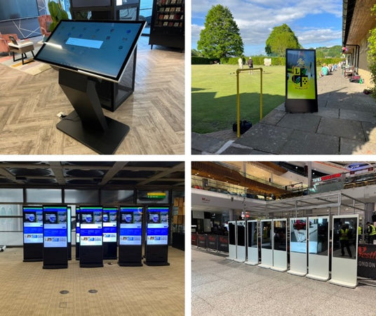 Collage of digital kiosks in various settings including a store, park, office and shopping centre.