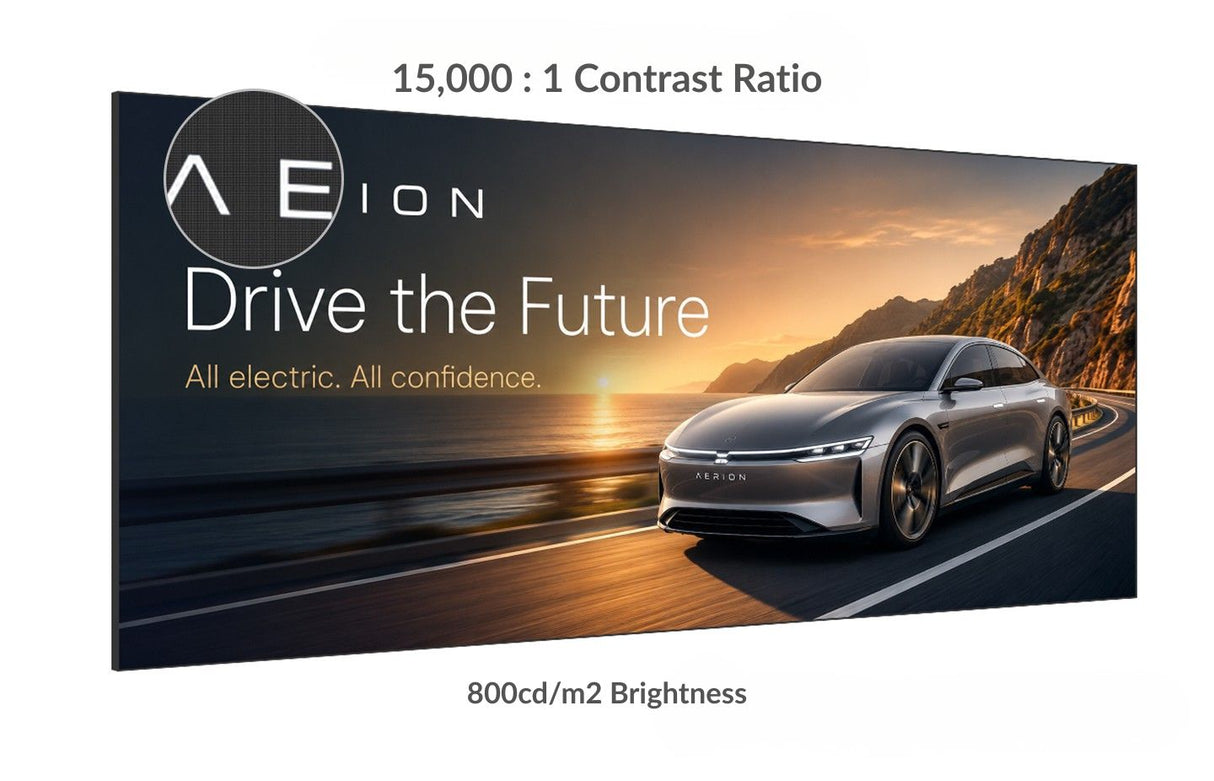 P1.2 DV-LED video wall showing an ad, highlighting 800cd/m² brightness and 15,000:1 contrast ratio