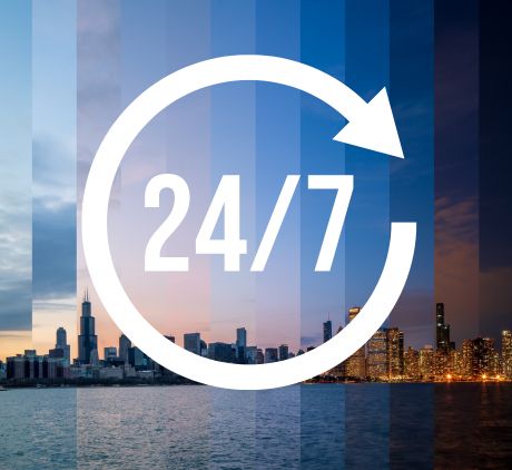 24/7 Commercial Icon with City Background