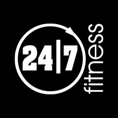 Logo of 24/7 fitness with a black background