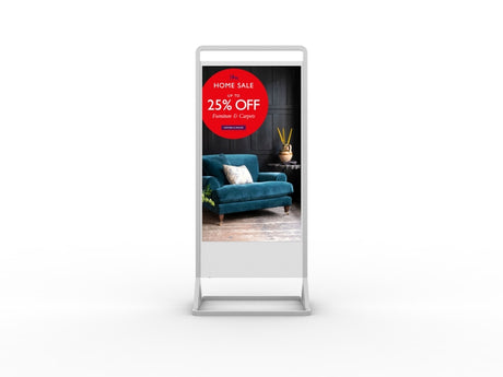 Superslim Freestanding Screen on white background with furniture media content