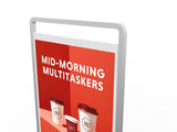 Pret a Manger advertisement with text 'Mid-Morning Multitaskers' on a red background.