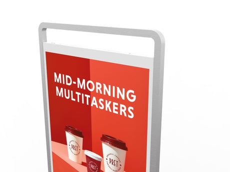 Pret a Manger advertisement with text 'Mid-Morning Multitaskers' on a red background.