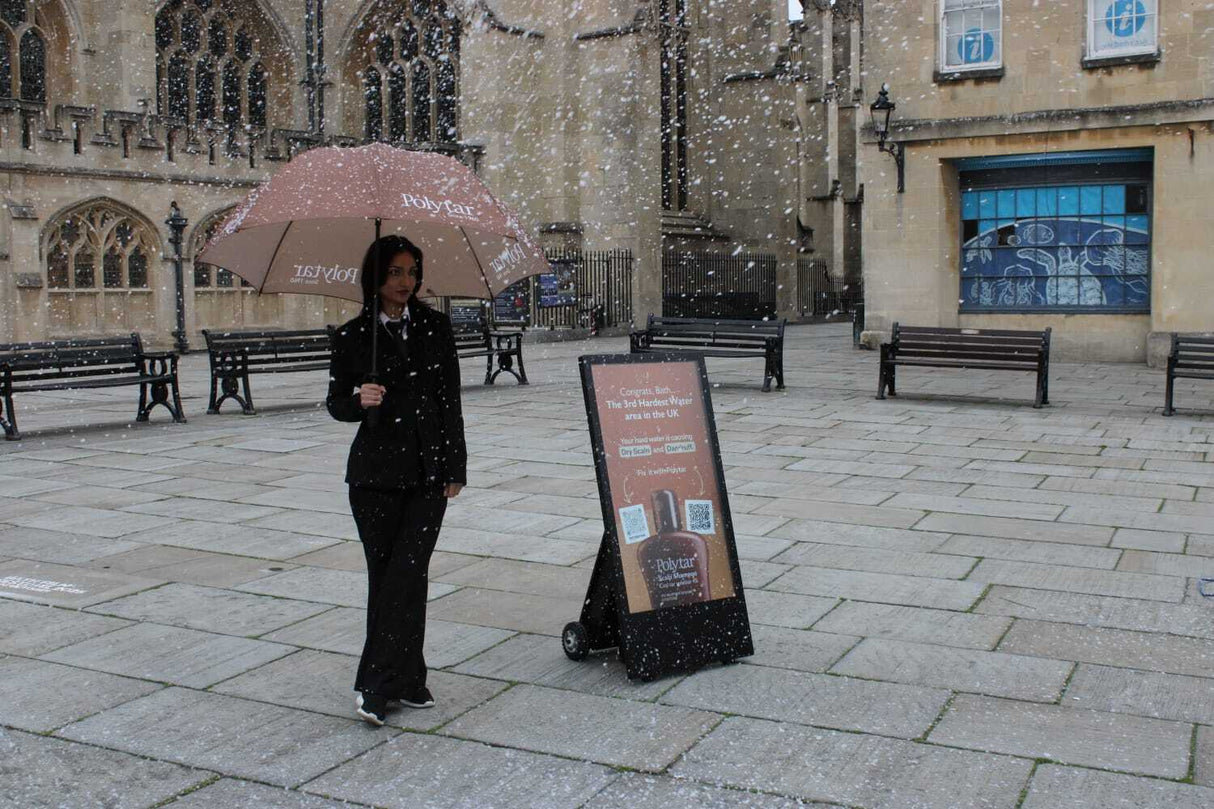 Person holding an umbrella in front of a large building with snow falling