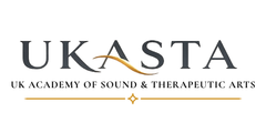 The logo for the UK Academy of Sound & Therapeutic Arts (UKAsta) is shown on a plain white background. The design features the word 'UKAsta' in a dark gray serif font with a flowing gold accent line over the 'KA', and the full name 'UK ACADEMY OF SOUND & THERAPEUTIC ARTS' in smaller black text below.