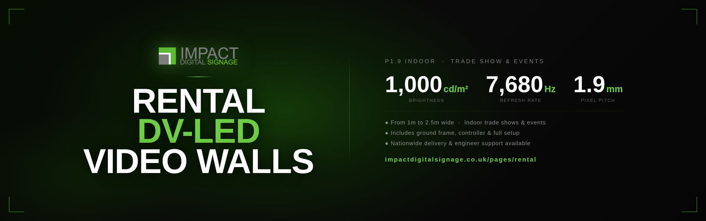 Promotional graphic for Impact Design's rental DV-LED video walls, featuring white and green text on a dark green background with technical specifications including 1,000 cdm2, 7,680 nz, and 1.9 mm.