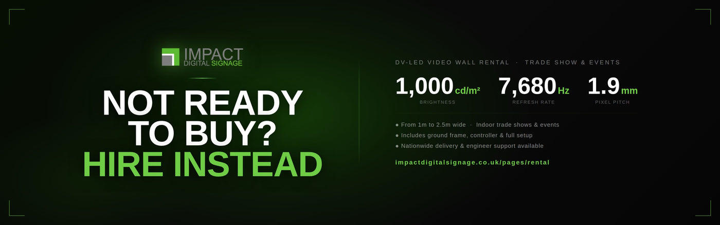 A dark promotional graphic for Impact Video Wall Rental with the text 'NOT READY TO BUY? HIRE INSTEAD' in large white and green lettering on a black background, plus rental capacity details on the right.